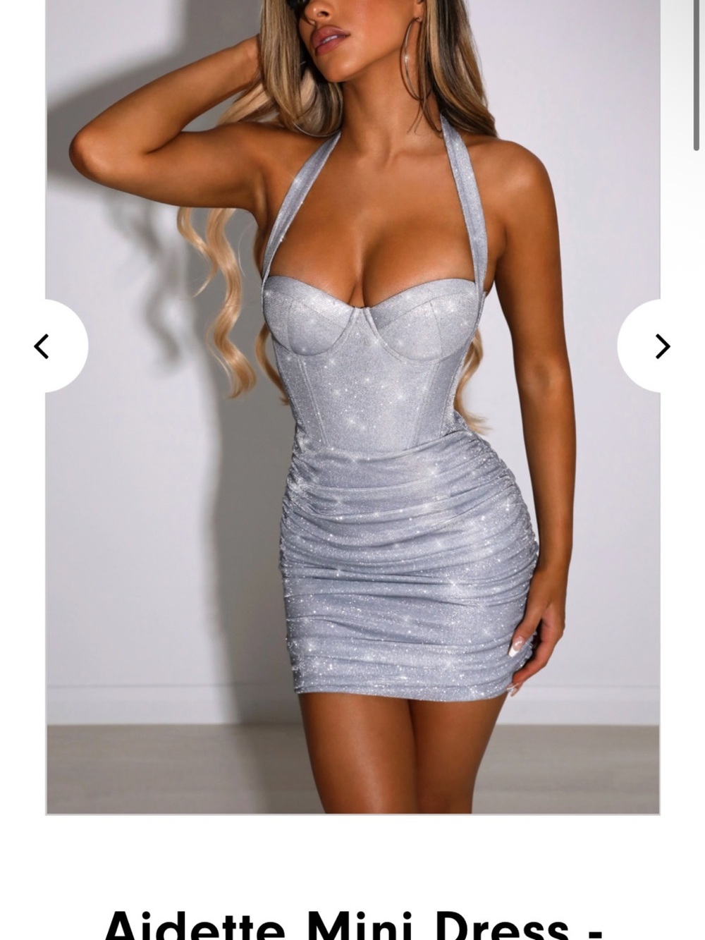 Halter Ruched Sparkle Mini Dress in Silver